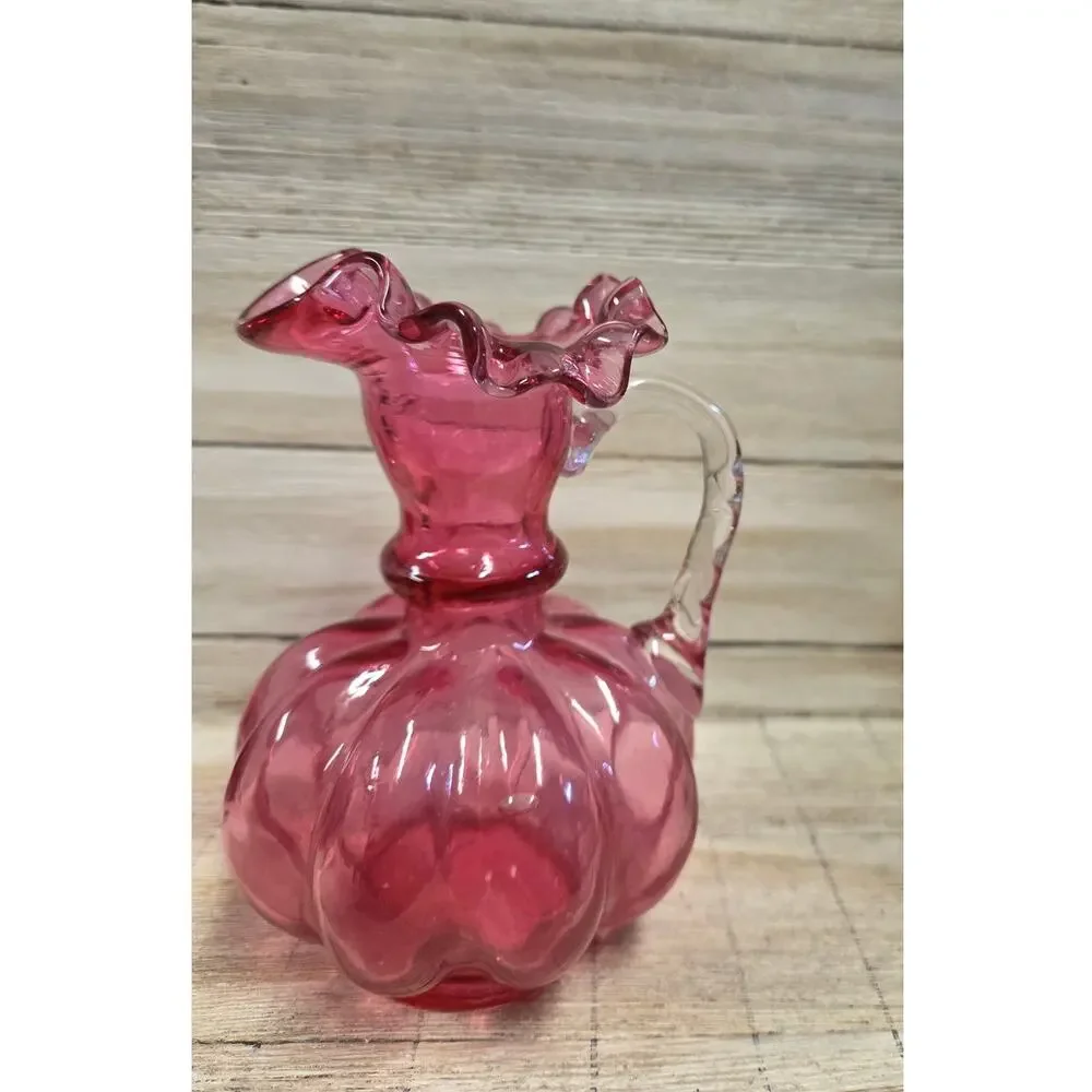 Fenton Cranberry Melon Optic Mini Pitcher Ruffled Rim Applied Clear Handle Vase